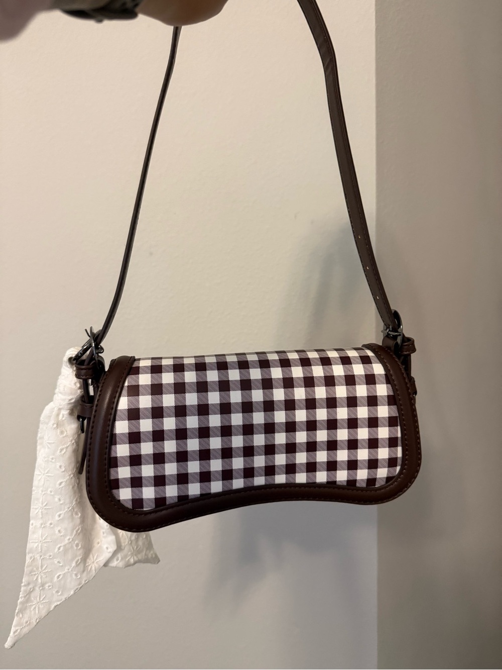 Steve Madden Brown Gingham Shoulder Bag with White Scarf Accent